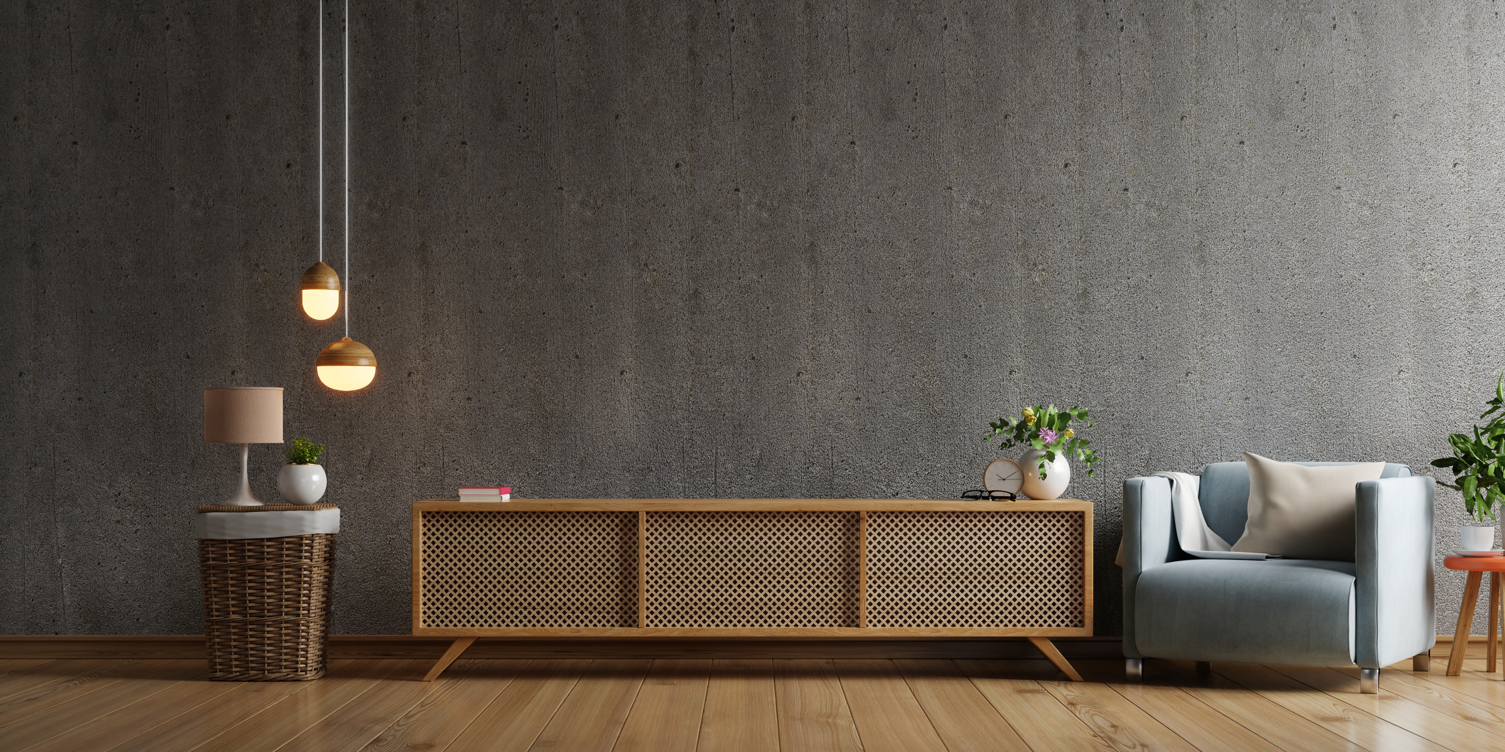Cabinet TV In Modern Living Room With Armchair,lamp,table,flower And Plant On Concrete Wall Background.